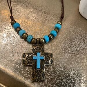 Turquoise and Bronze Cross Necklace